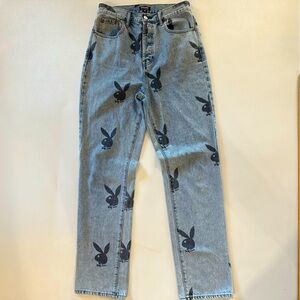 Pac Sun Playboy Bunny Print  Denim Button Fly High Rise Mom Jeans Womens Size 28